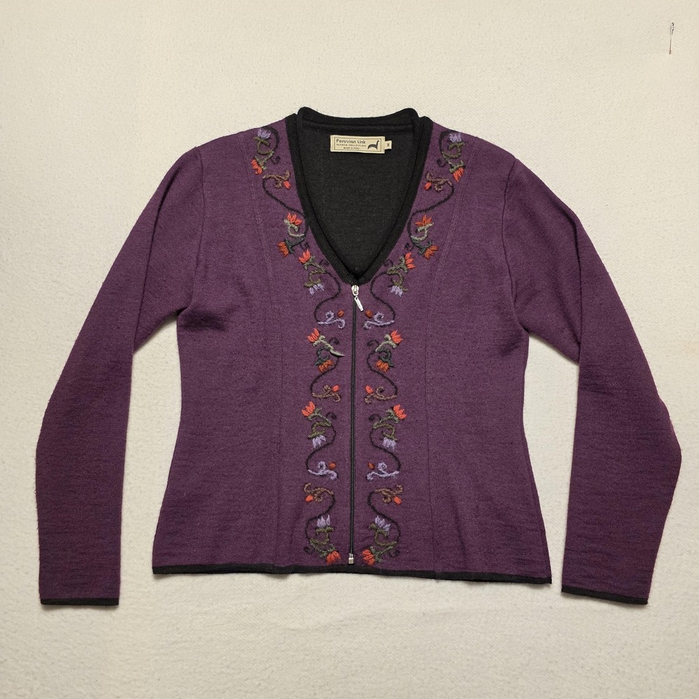 Vtg Peruvian Link Cardigan Sweater Alpaca Blend Womens Medium Purple‎ Floral Zip